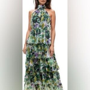 Socialite Green Multi Floral Halter Tiered Maxi Dress